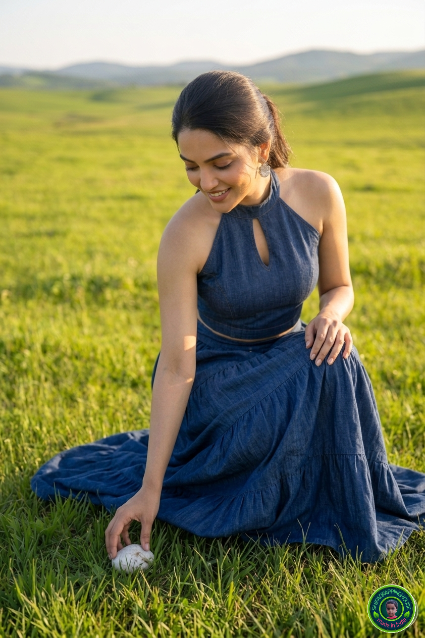 Imperial Sapphire Denim Lehenga Set – Keyhole Mandarin Collar Blouse & Four-Layered Gathering Lehenga Skirt