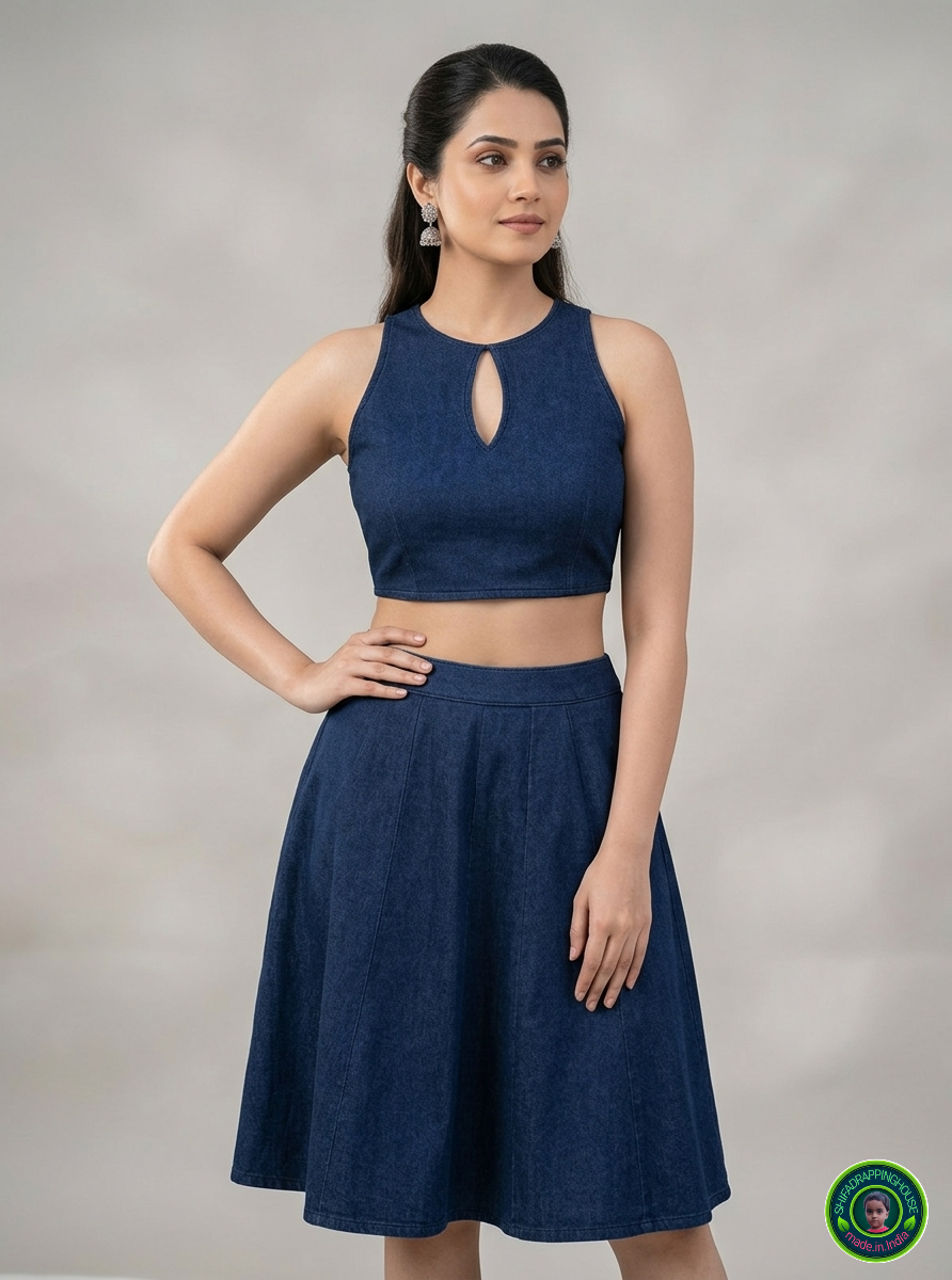 Imperial Sapphire Denim Co-ord Set – Keyhole Neck Blouse & Panelled Mini Skirt