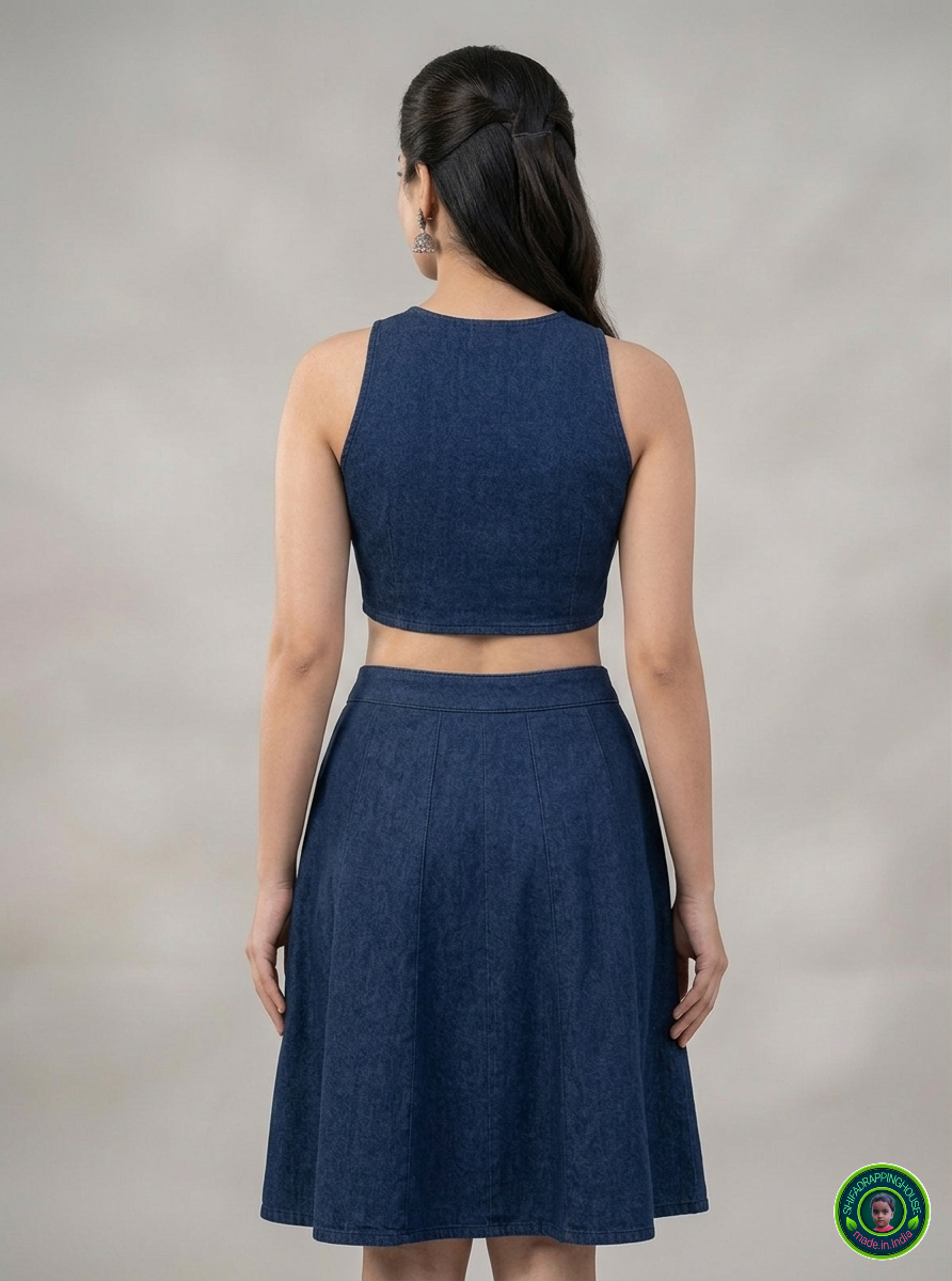 Imperial Sapphire Denim Co-ord Set – Keyhole Neck Blouse & Panelled Mini Skirt