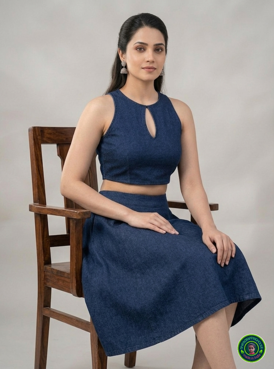 Imperial Sapphire Denim Co-ord Set – Keyhole Neck Blouse & Panelled Mini Skirt