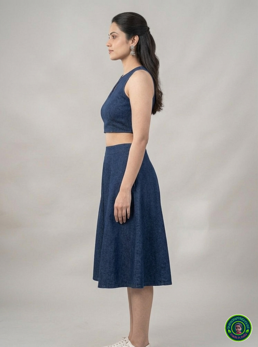 Imperial Sapphire Denim Co-ord Set – Keyhole Neck Blouse & Panelled Mini Skirt