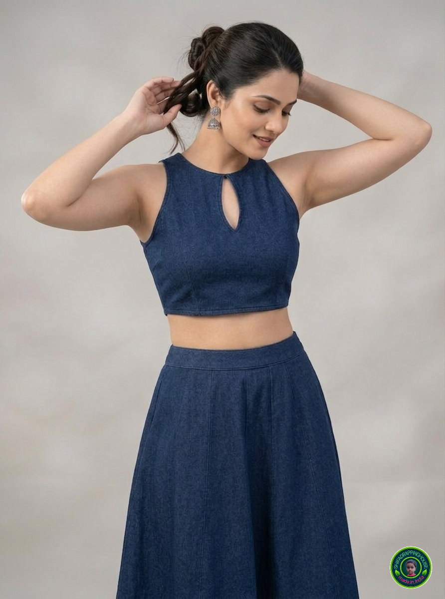 Imperial Sapphire Denim Co-ord Set – Keyhole Neck Blouse & Panelled Mini Skirt