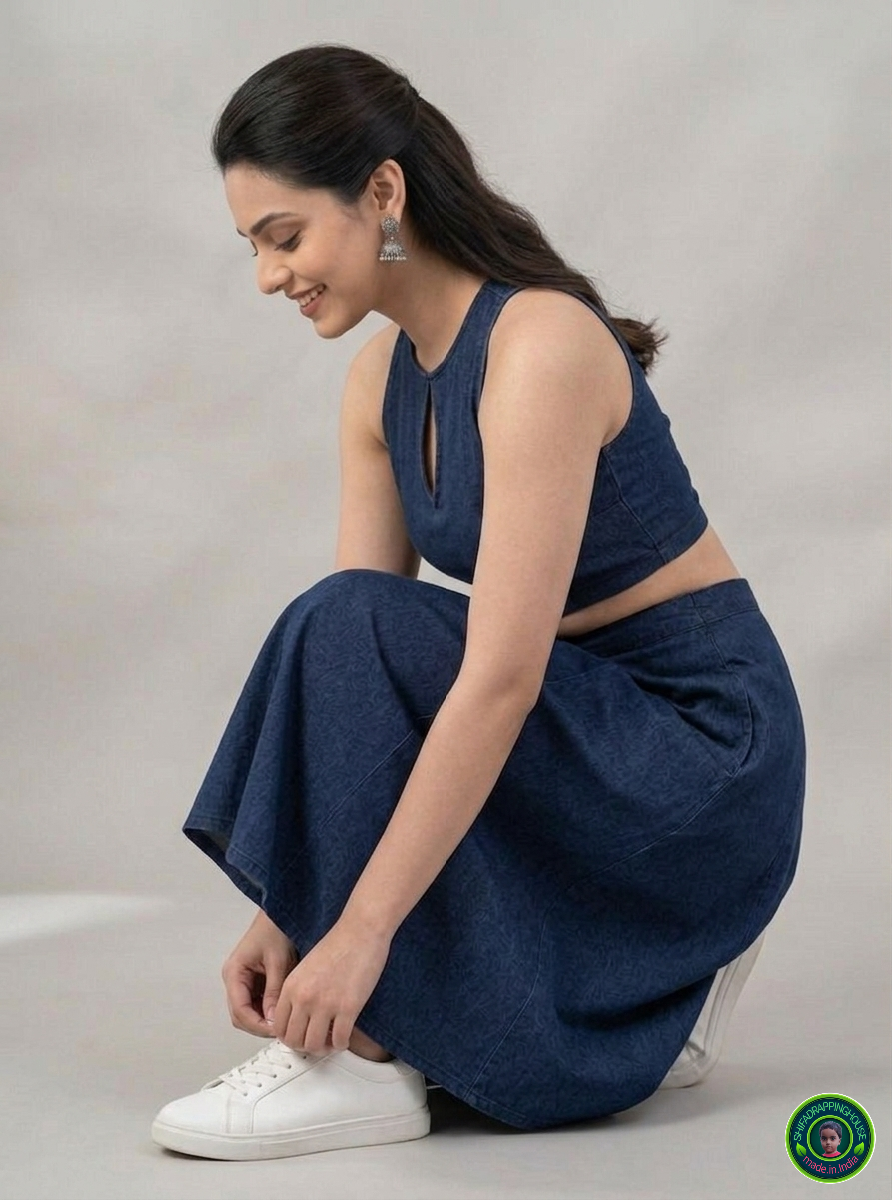 Imperial Sapphire Denim Co-ord Set – Keyhole Neck Blouse & Panelled Mini Skirt