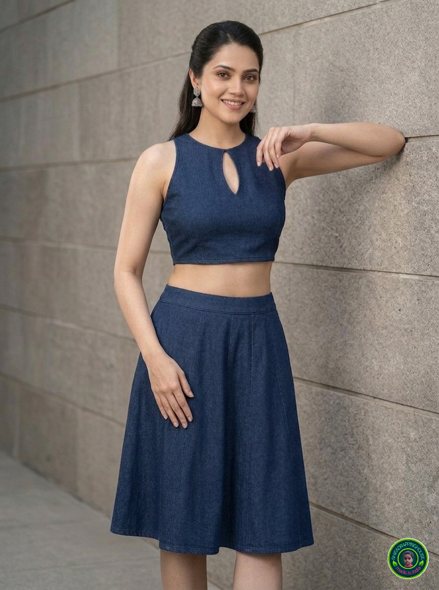 Imperial Sapphire Denim Co-ord Set – Keyhole Neck Blouse & Panelled Mini Skirt