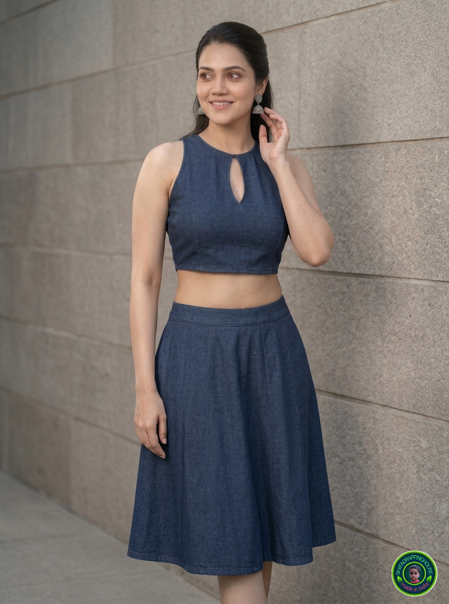 Imperial Sapphire Denim Co-ord Set – Keyhole Neck Blouse & Panelled Mini Skirt