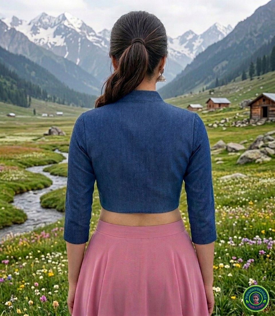 Imperial Sapphire Princess Cut Denim Blouse – Royal V-Neck and 3/4th Sleeve Statement Top