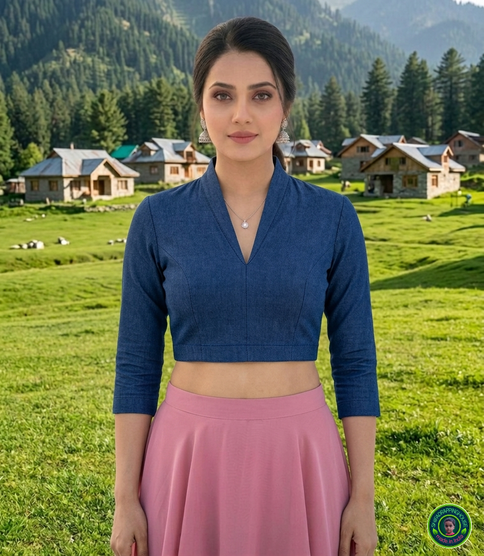 Imperial Sapphire Princess Cut Denim Blouse – Royal V-Neck and 3/4th Sleeve Statement Top