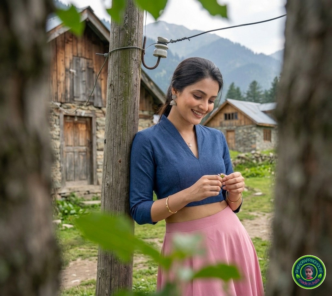 Imperial Sapphire Princess Cut Denim Blouse – Royal V-Neck and 3/4th Sleeve Statement Top