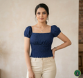 Premium Navy Blue Denim Smocked Top with Reglan Puff Sleeves & Luxury Fit