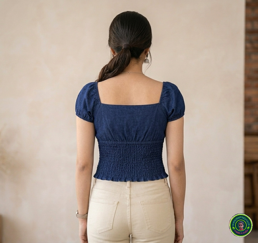 Premium Navy Blue Denim Smocked Top with Reglan Puff Sleeves & Luxury Fit