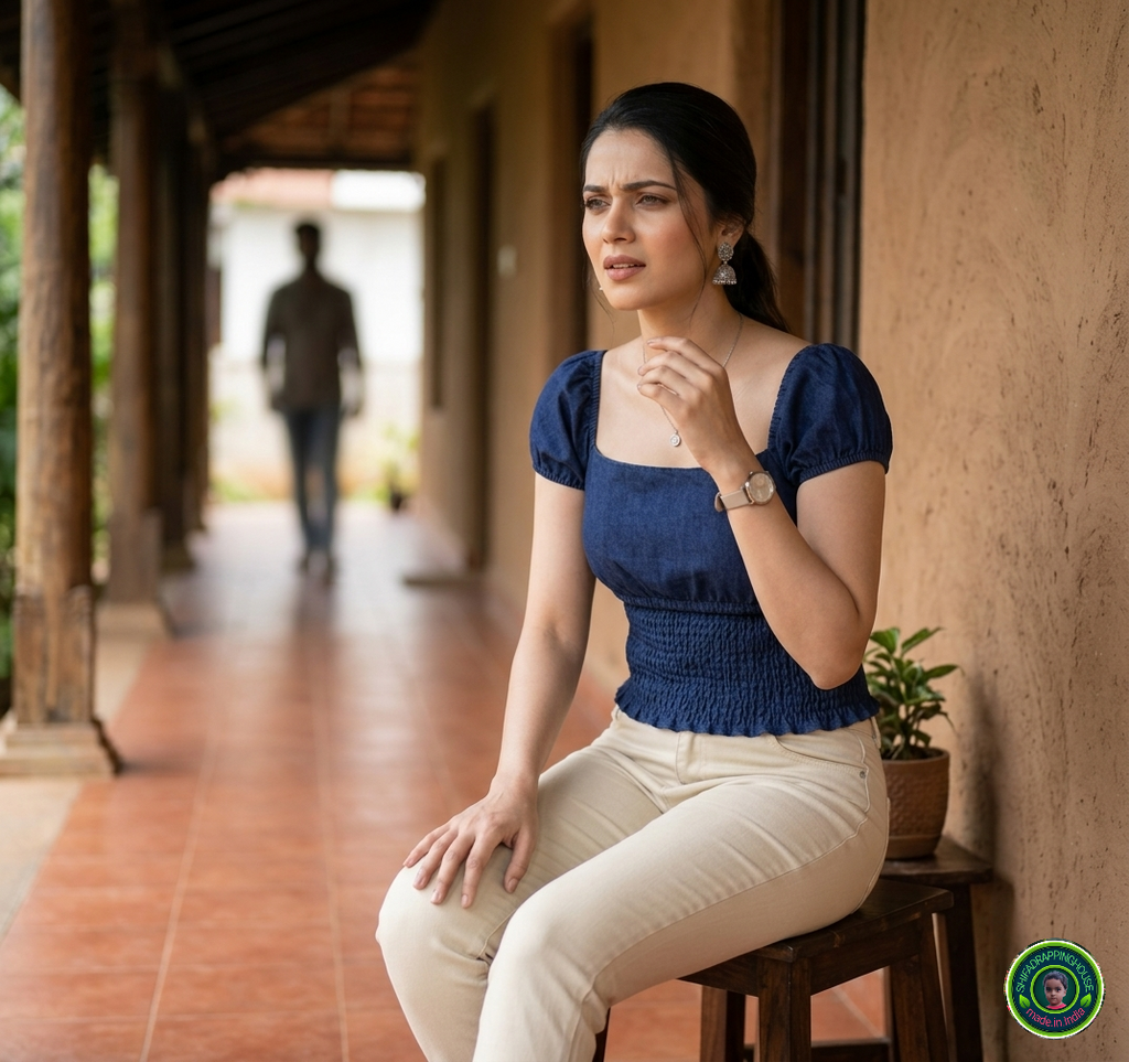 Premium Navy Blue Denim Smocked Top with Reglan Puff Sleeves & Luxury Fit