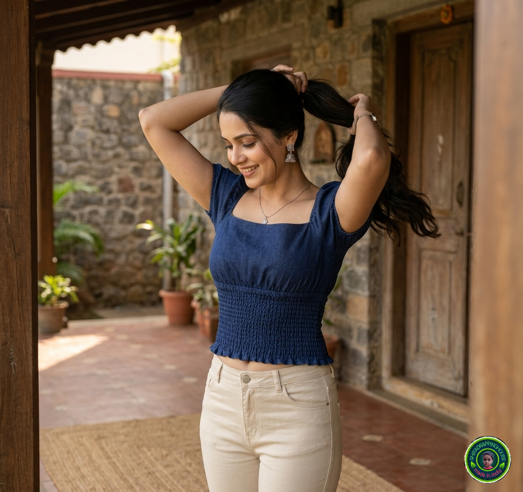Premium Navy Blue Denim Smocked Top with Reglan Puff Sleeves & Luxury Fit