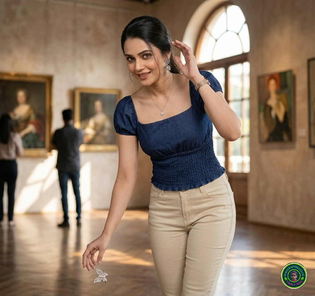 Premium Navy Blue Denim Smocked Top with Reglan Puff Sleeves & Luxury Fit