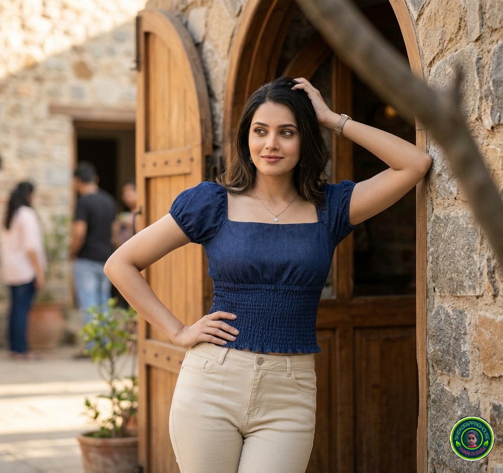 Premium Navy Blue Denim Smocked Top with Reglan Puff Sleeves & Luxury Fit