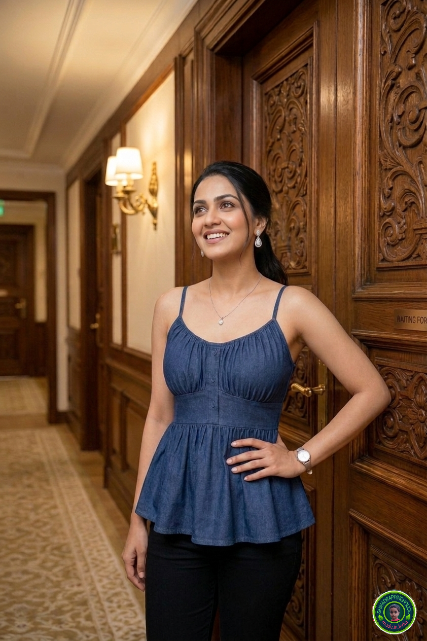 The Denim Empress: Premium Gathered Peplum Top with Adjustable Shoulder Buckles