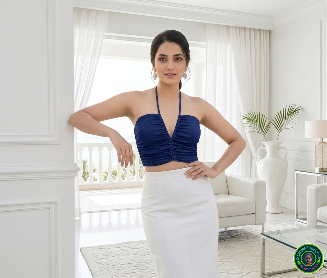 Navy Blue Denim Ruched Halter Blouse | Luxury Indo-Western Collection