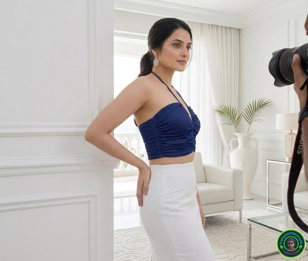 Navy Blue Denim Ruched Halter Blouse | Luxury Indo-Western Collection