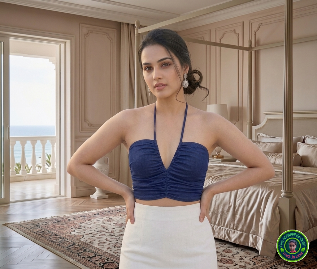 Navy Blue Denim Ruched Halter Blouse | Luxury Indo-Western Collection