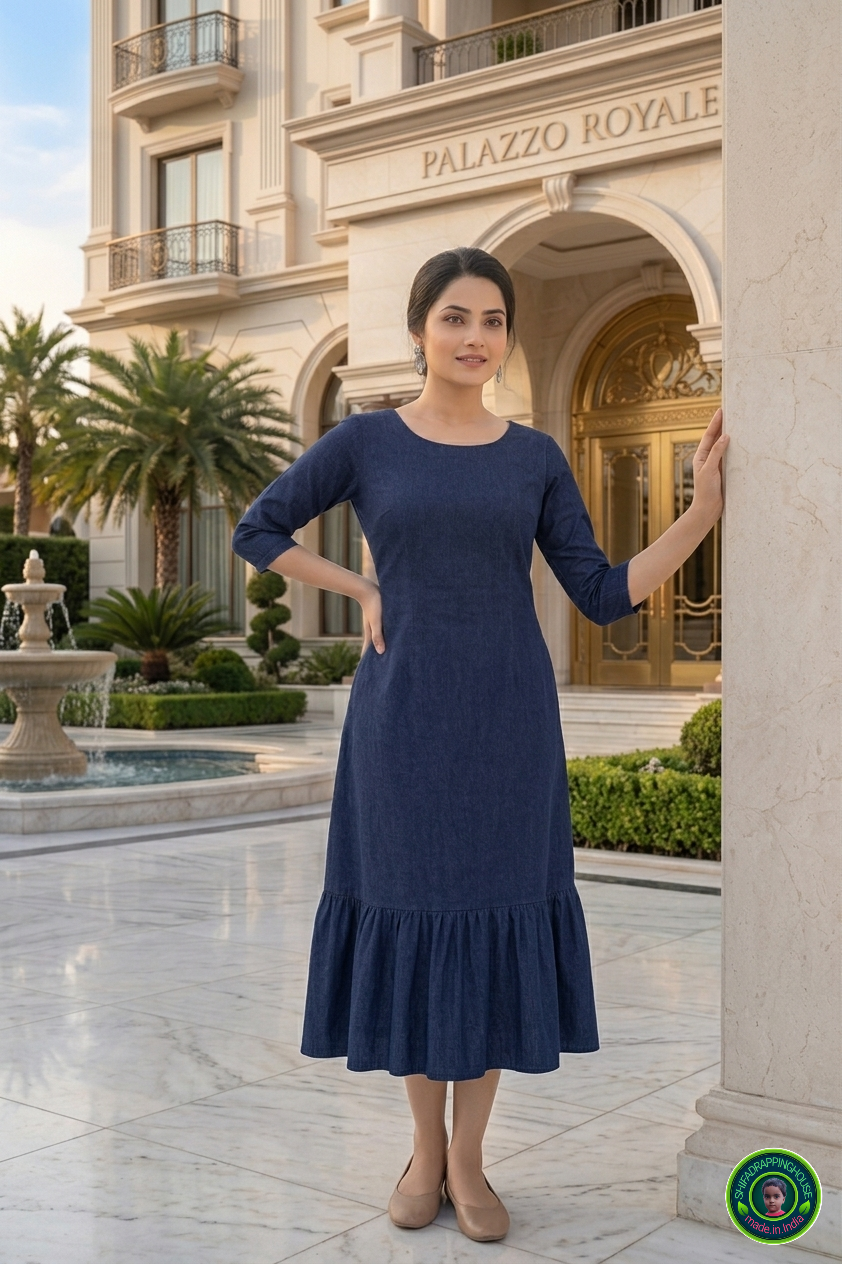 Luxury Indigo Denim Midi Dress – Sophisticated Indo-Western A-Line Dress with Functional Pockets
