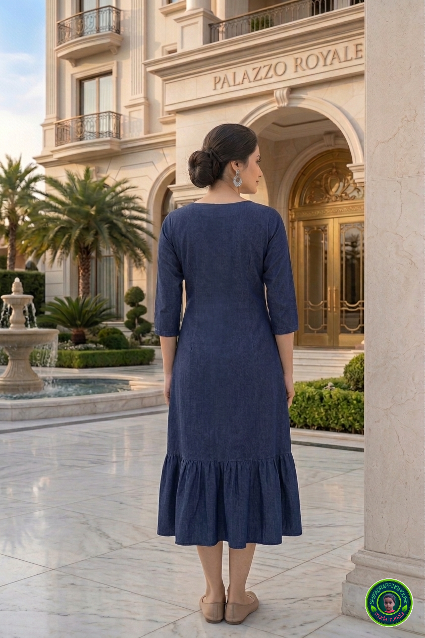 Luxury Indigo Denim Midi Dress – Sophisticated Indo-Western A-Line Dress with Functional Pockets