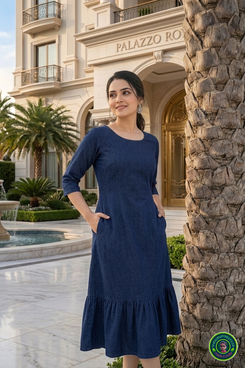Luxury Indigo Denim Midi Dress – Sophisticated Indo-Western A-Line Dress with Functional Pockets