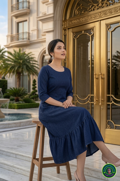 Luxury Indigo Denim Midi Dress – Sophisticated Indo-Western A-Line Dress with Functional Pockets