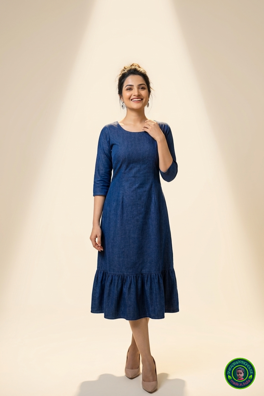 Luxury Indigo Denim Midi Dress – Sophisticated Indo-Western A-Line Dress with Functional Pockets