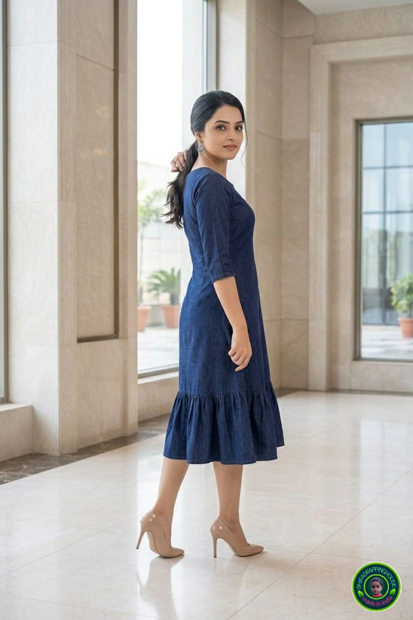Luxury Indigo Denim Midi Dress – Sophisticated Indo-Western A-Line Dress with Functional Pockets