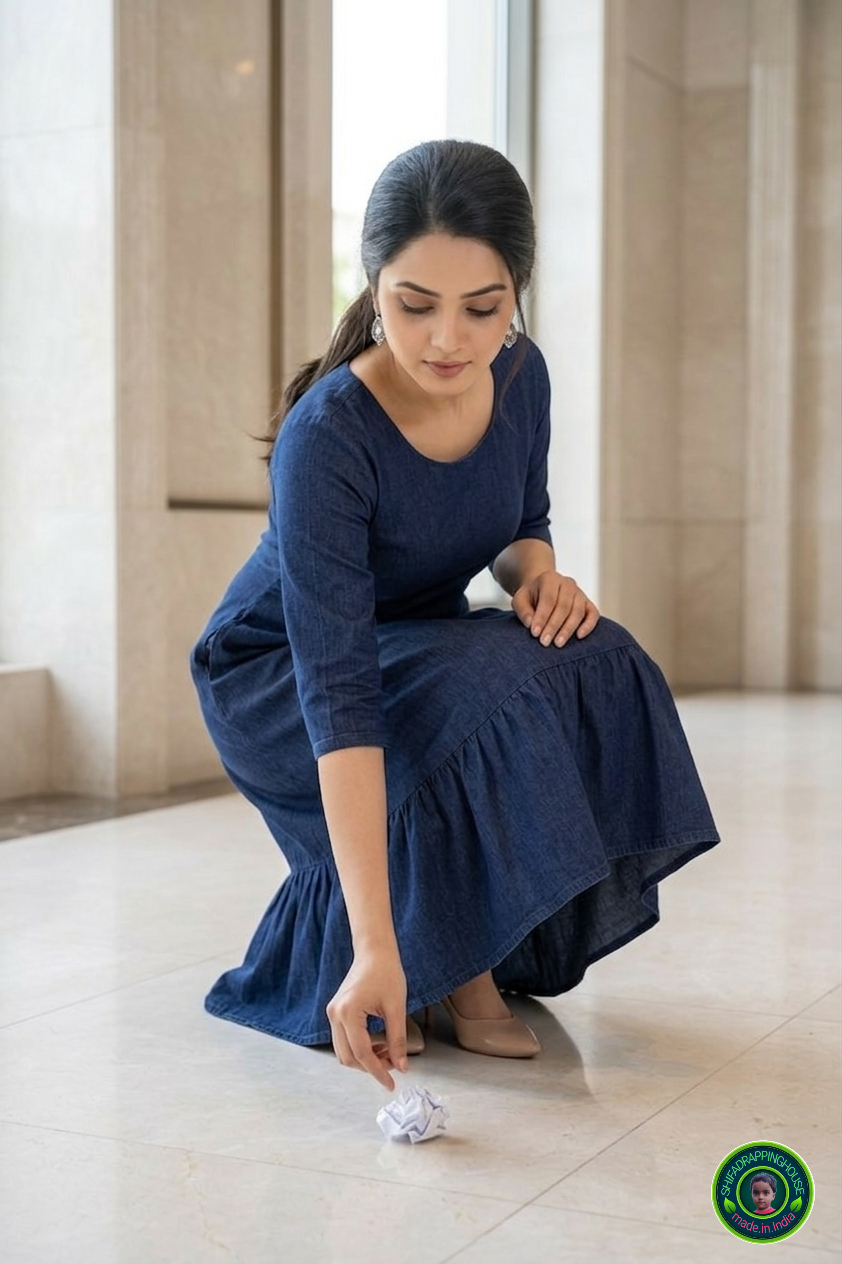 Luxury Indigo Denim Midi Dress – Sophisticated Indo-Western A-Line Dress with Functional Pockets