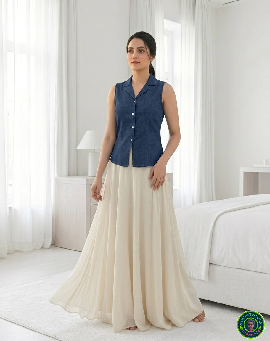 Premium Sleeveless Denim Jacket-Collar Top | Summer '26 Indo-Western Collection