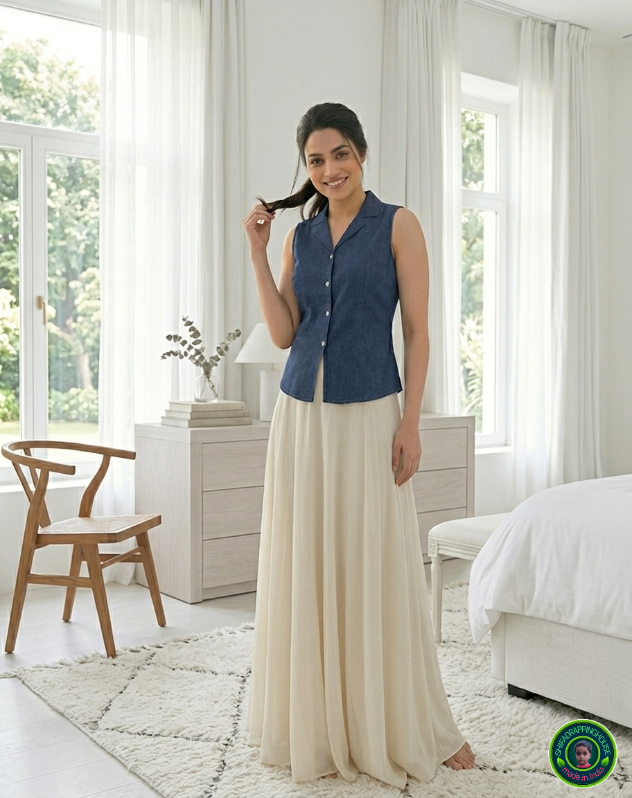 Premium Sleeveless Denim Jacket-Collar Top | Summer '26 Indo-Western Collection