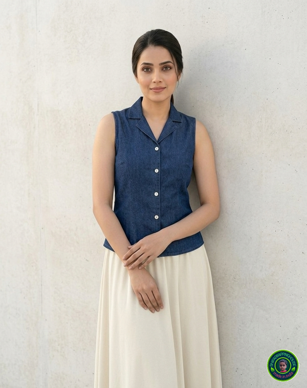 Premium Sleeveless Denim Jacket-Collar Top | Summer '26 Indo-Western Collection