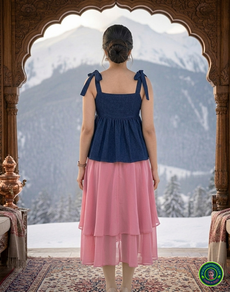 Premium Navy Blue Denim Indo-Western Top with Adjustable Knot Straps