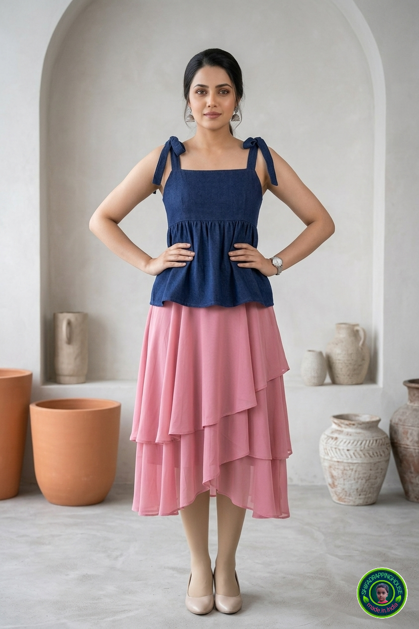 Premium Navy Blue Denim Indo-Western Top with Adjustable Knot Straps