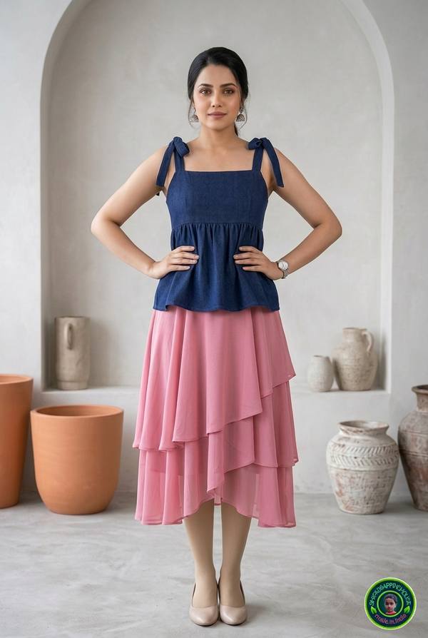 Woman wearing a navy top and pink skirt standing in a room with decorative vases.