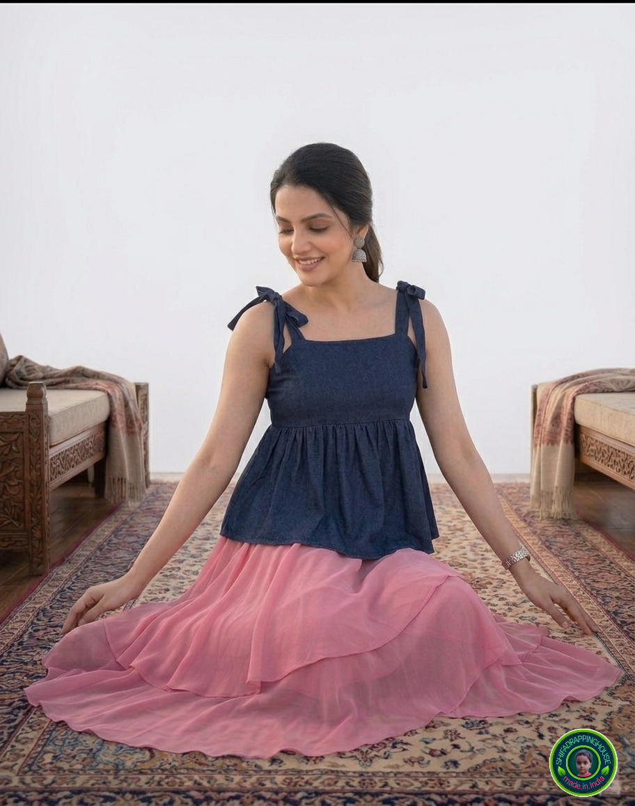 Premium Navy Blue Denim Indo-Western Top with Adjustable Knot Straps