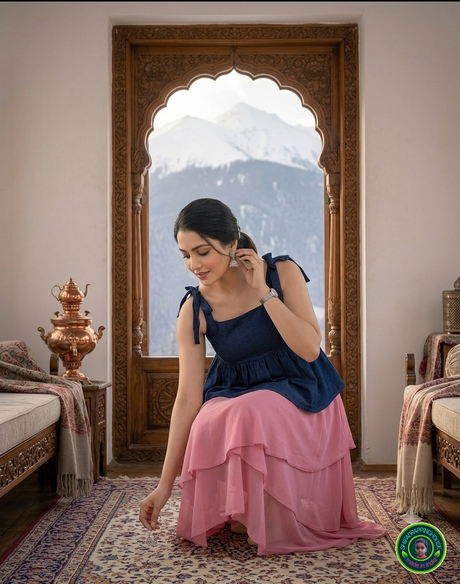 Premium Navy Blue Denim Indo-Western Top with Adjustable Knot Straps