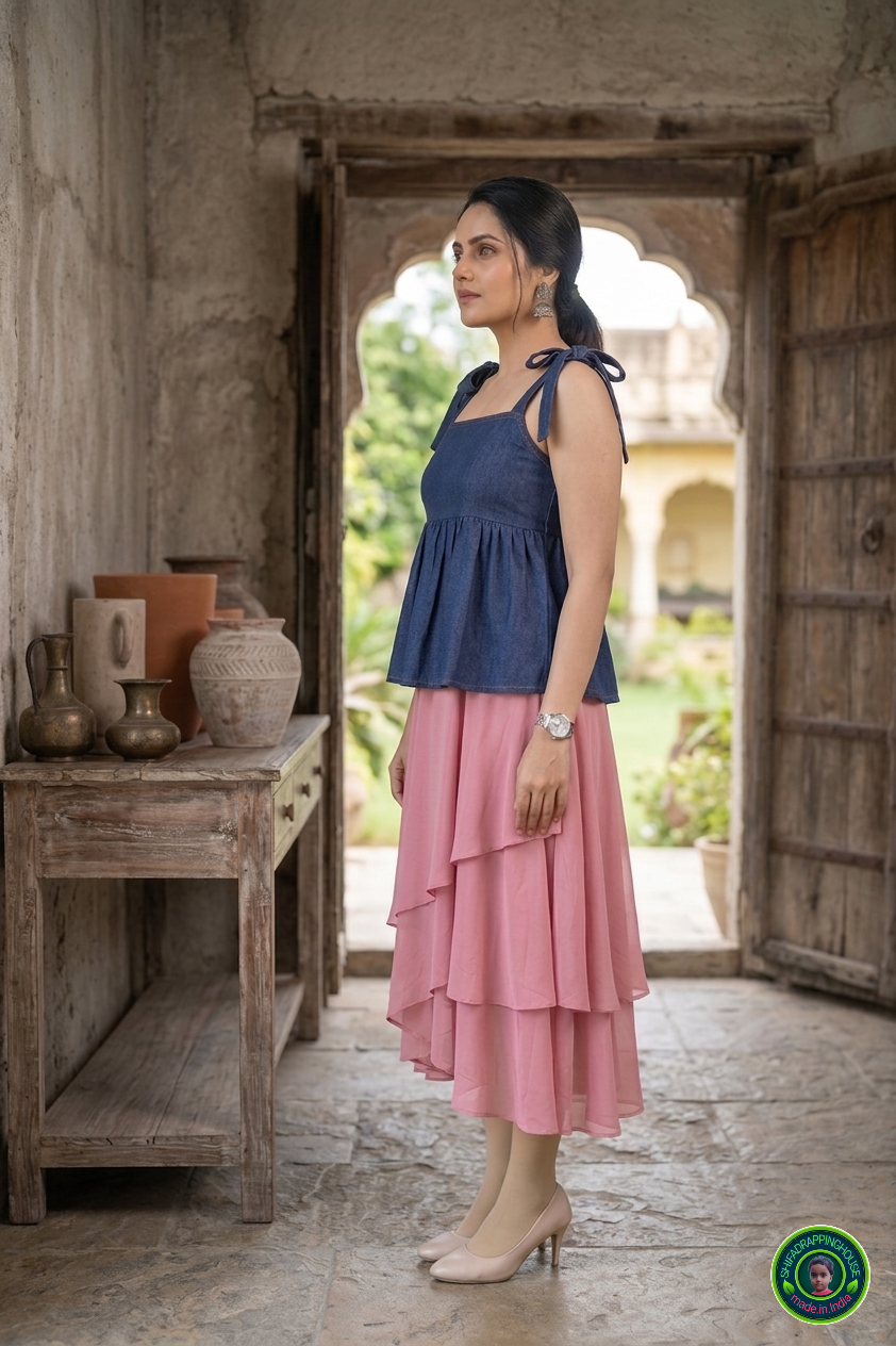 Premium Navy Blue Denim Indo-Western Top with Adjustable Knot Straps