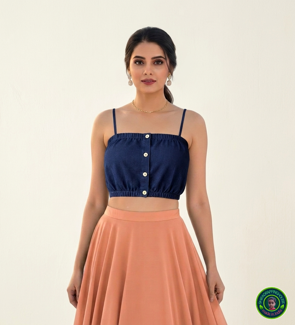 Indo-Western Navy Blue Denim Blouse | Soft Padded Comfort | Elasticated Secure-Fit Hem | Premium Shifa Drapping House Collection