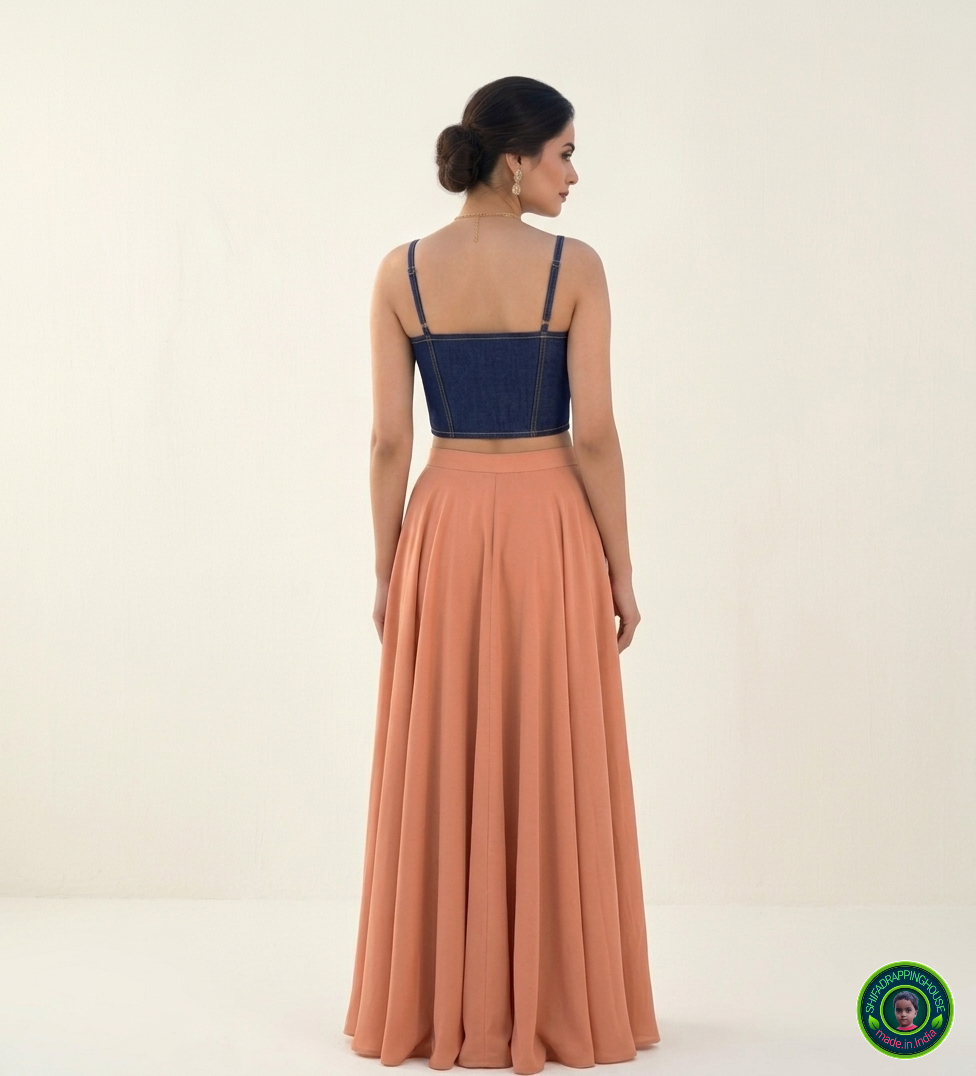 Indo-Western Navy Blue Denim Blouse | Soft Padded Comfort | Elasticated Secure-Fit Hem | Premium Shifa Drapping House Collection