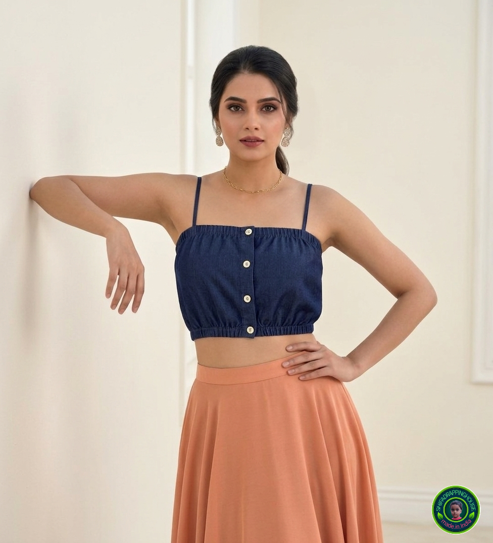 Indo-Western Navy Blue Denim Blouse | Soft Padded Comfort | Elasticated Secure-Fit Hem | Premium Shifa Drapping House Collection