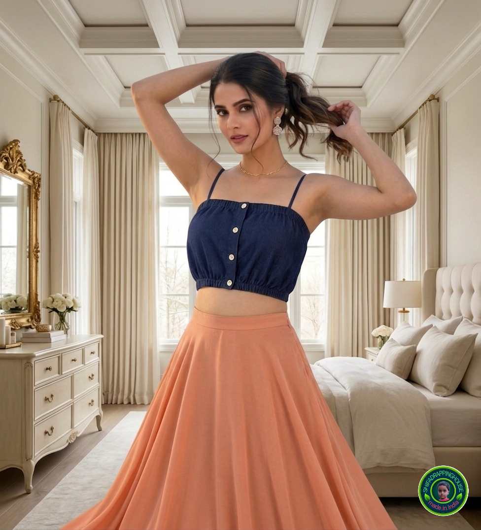 Indo-Western Navy Blue Denim Blouse | Soft Padded Comfort | Elasticated Secure-Fit Hem | Premium Shifa Drapping House Collection