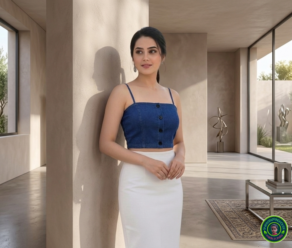 Premium Navy Blue Denim Halter Blouse | Luxury Summer Collection | Bold Metal Back Zipper