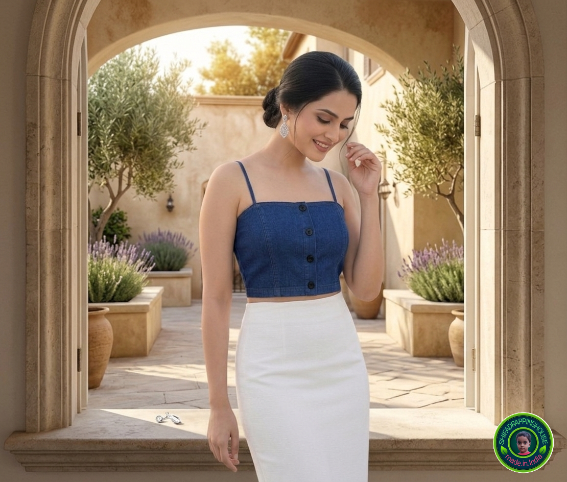 Premium Navy Blue Denim Halter Blouse | Luxury Summer Collection | Bold Metal Back Zipper