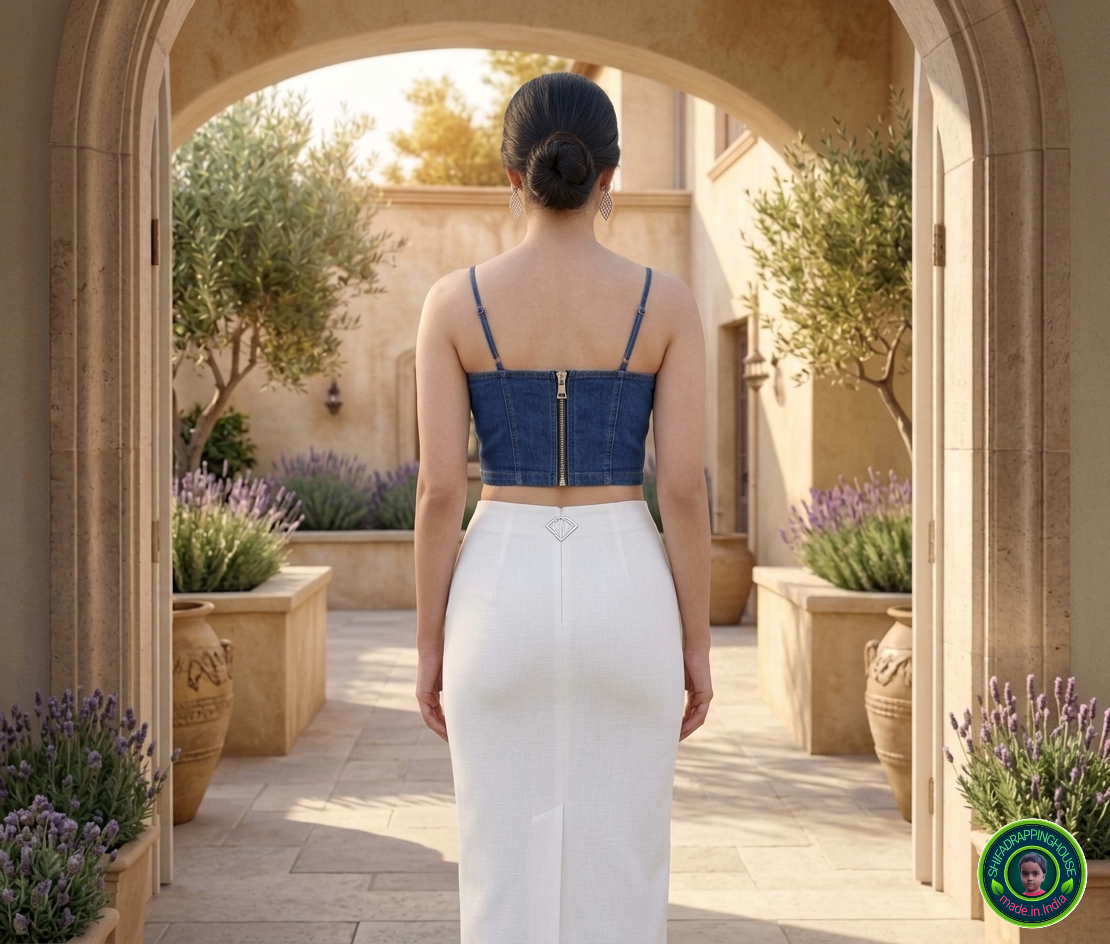 Premium Navy Blue Denim Halter Blouse | Luxury Summer Collection | Bold Metal Back Zipper