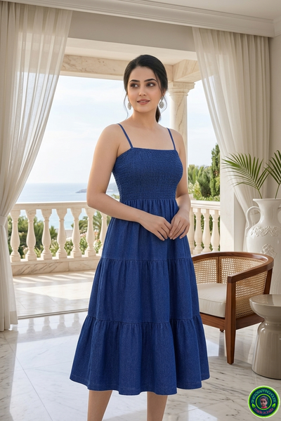 Luxury Navy Blue Denim Tiered Midi Dress – Premium Indo-Western Design with Smocked Bodice & Adjustable Straps
