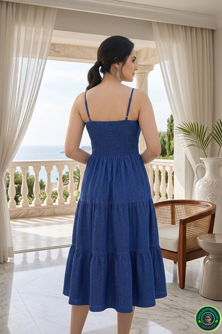 Luxury Navy Blue Denim Tiered Midi Dress – Premium Indo-Western Design with Smocked Bodice & Adjustable Straps