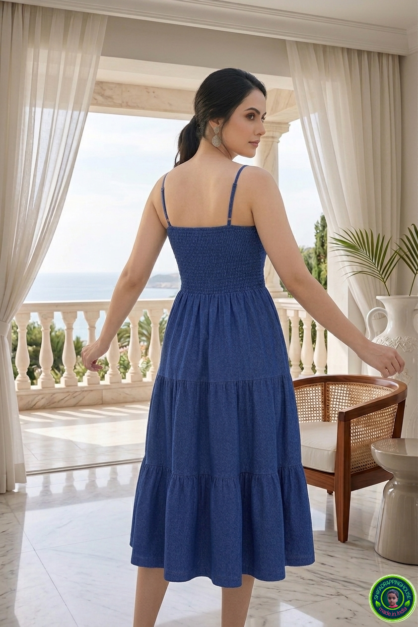 Luxury Navy Blue Denim Tiered Midi Dress – Premium Indo-Western Design with Smocked Bodice & Adjustable Straps