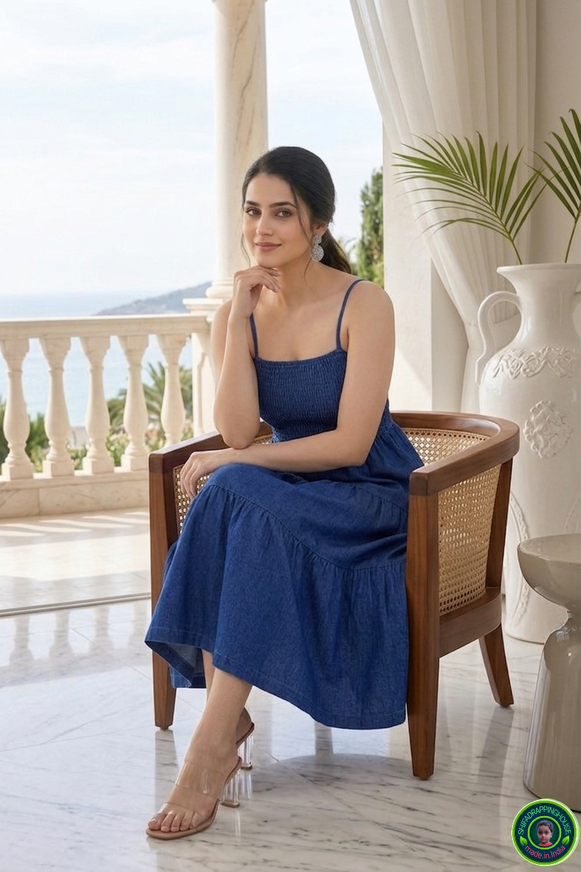 Luxury Navy Blue Denim Tiered Midi Dress – Premium Indo-Western Design with Smocked Bodice & Adjustable Straps