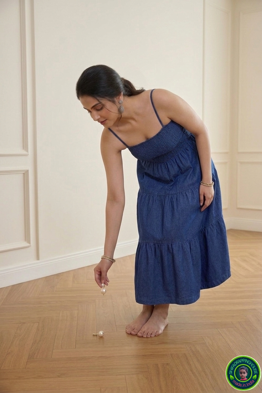 Luxury Navy Blue Denim Tiered Midi Dress – Premium Indo-Western Design with Smocked Bodice & Adjustable Straps